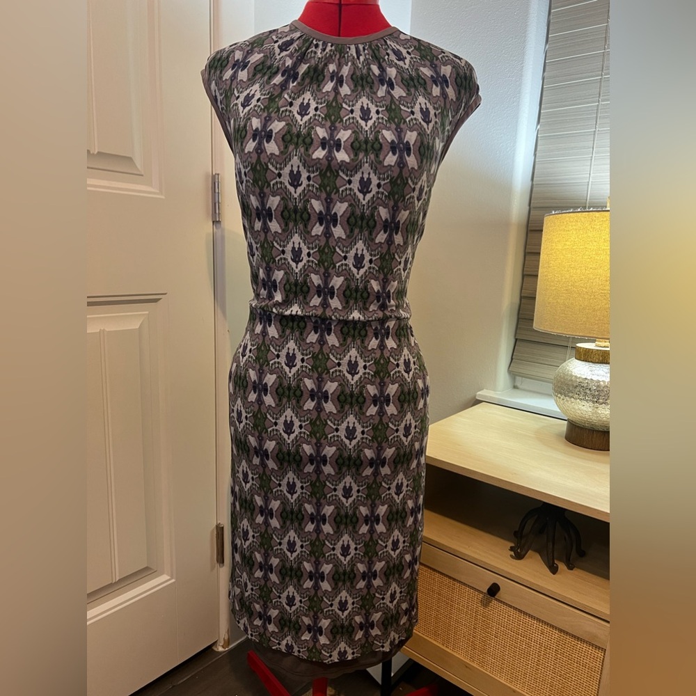 Tory Burch Printed Purple & Green Midi Dress Size S/P Cap Sleeve Retro Style